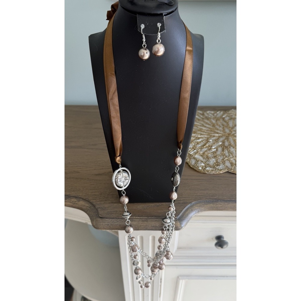 Boho Faux Pearl Ribbon Necklace Earrings Set Silver Chain Layered Statement‎